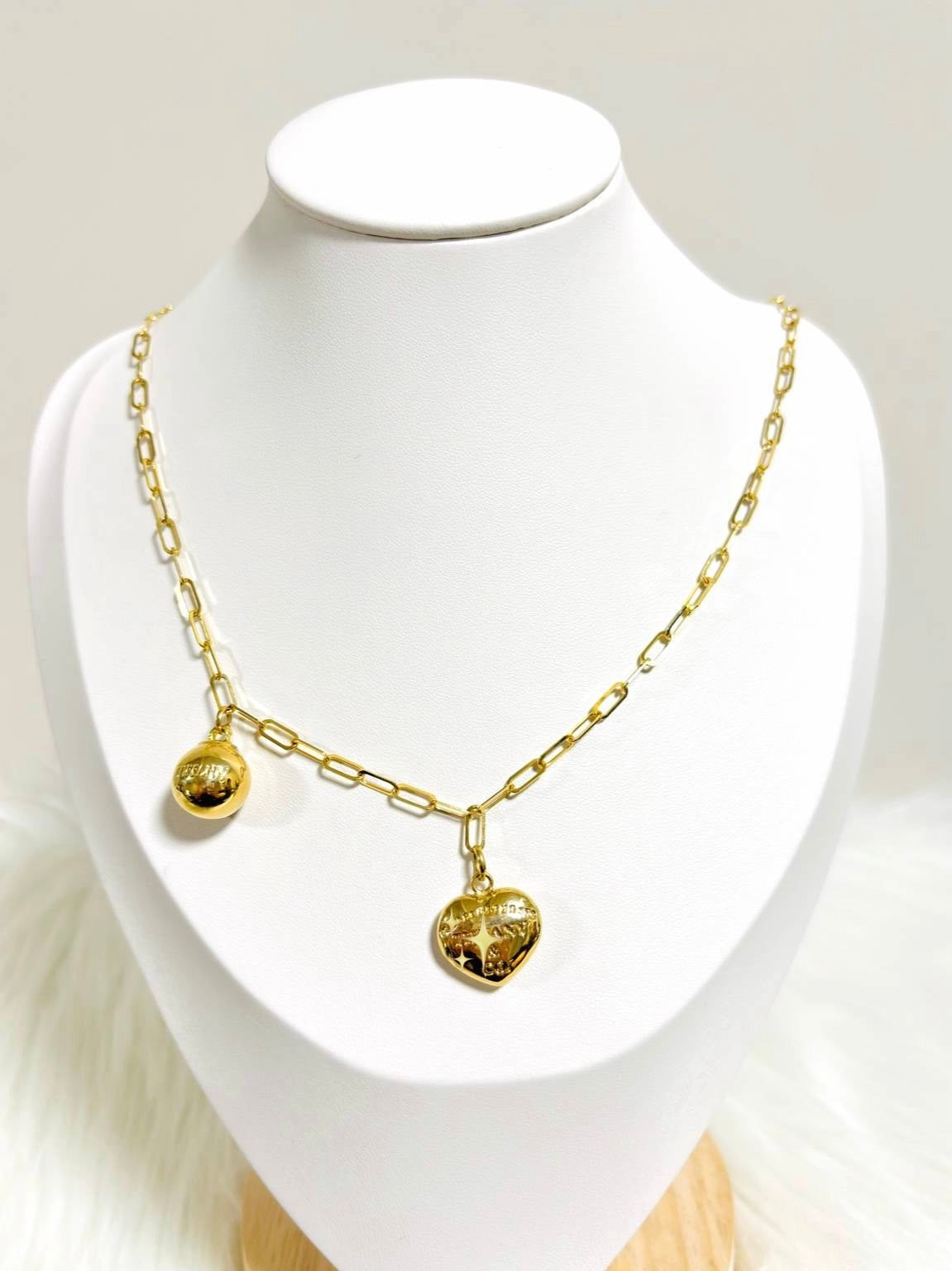 18K Gold Paperclip with Heart and Ball Charm Necklace
