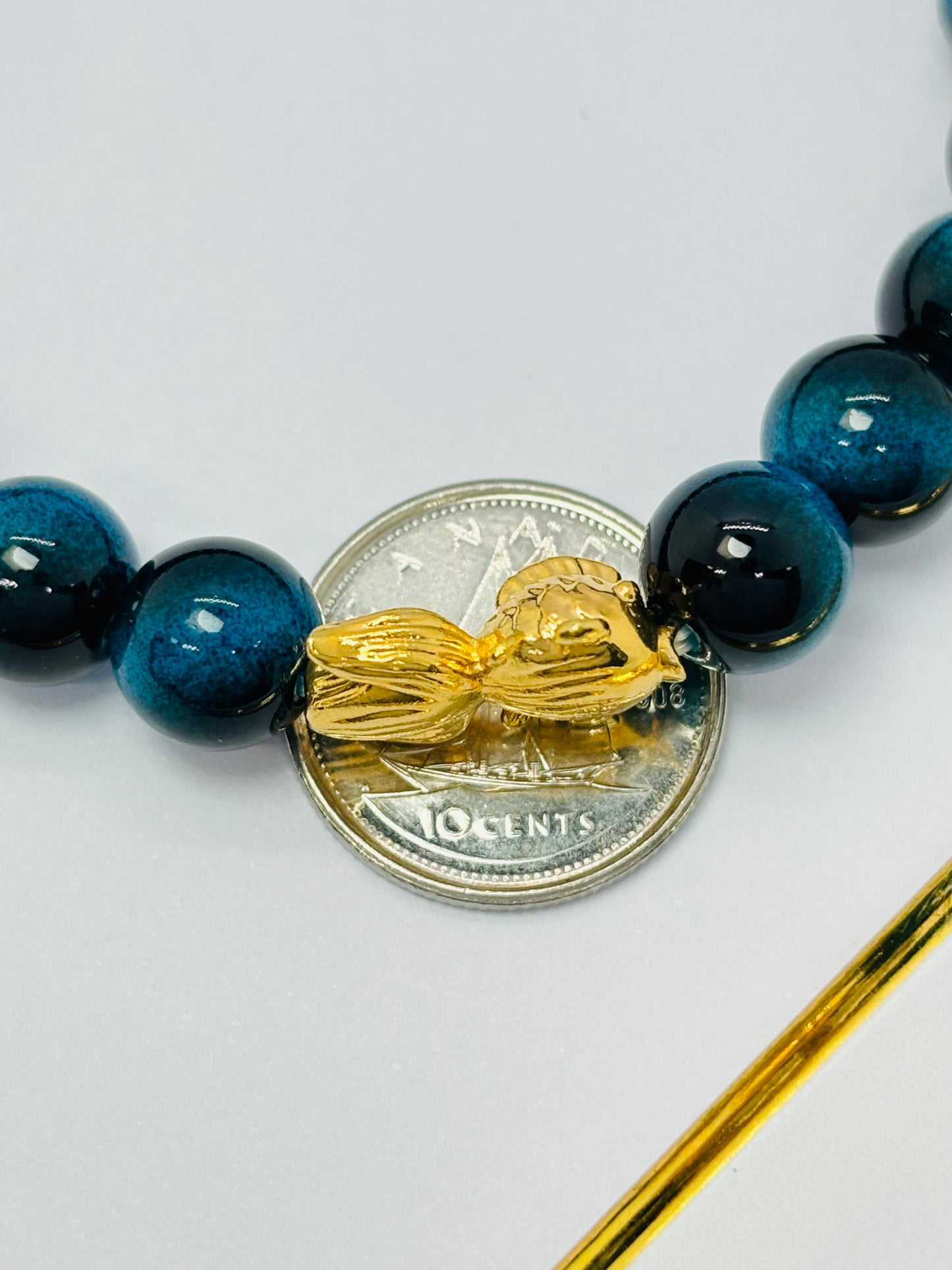 18K Gold Lucky Koi Fish Blue Tiger Eye Stone ( Hollow Empty Inside) Medium Size