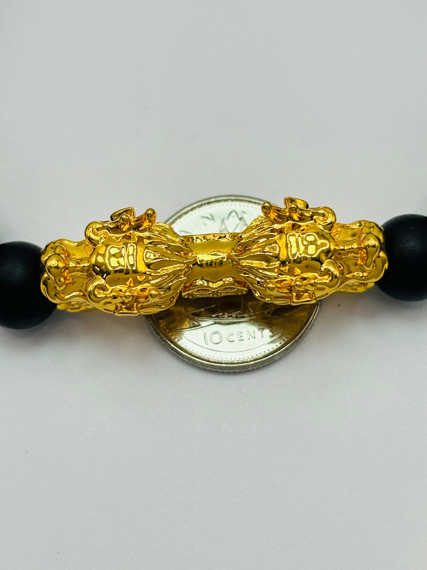 18K Gold Lucky Dragon Bracelet Lava, Black Obsidian Stone ( Hollow Empty Inside) XXL