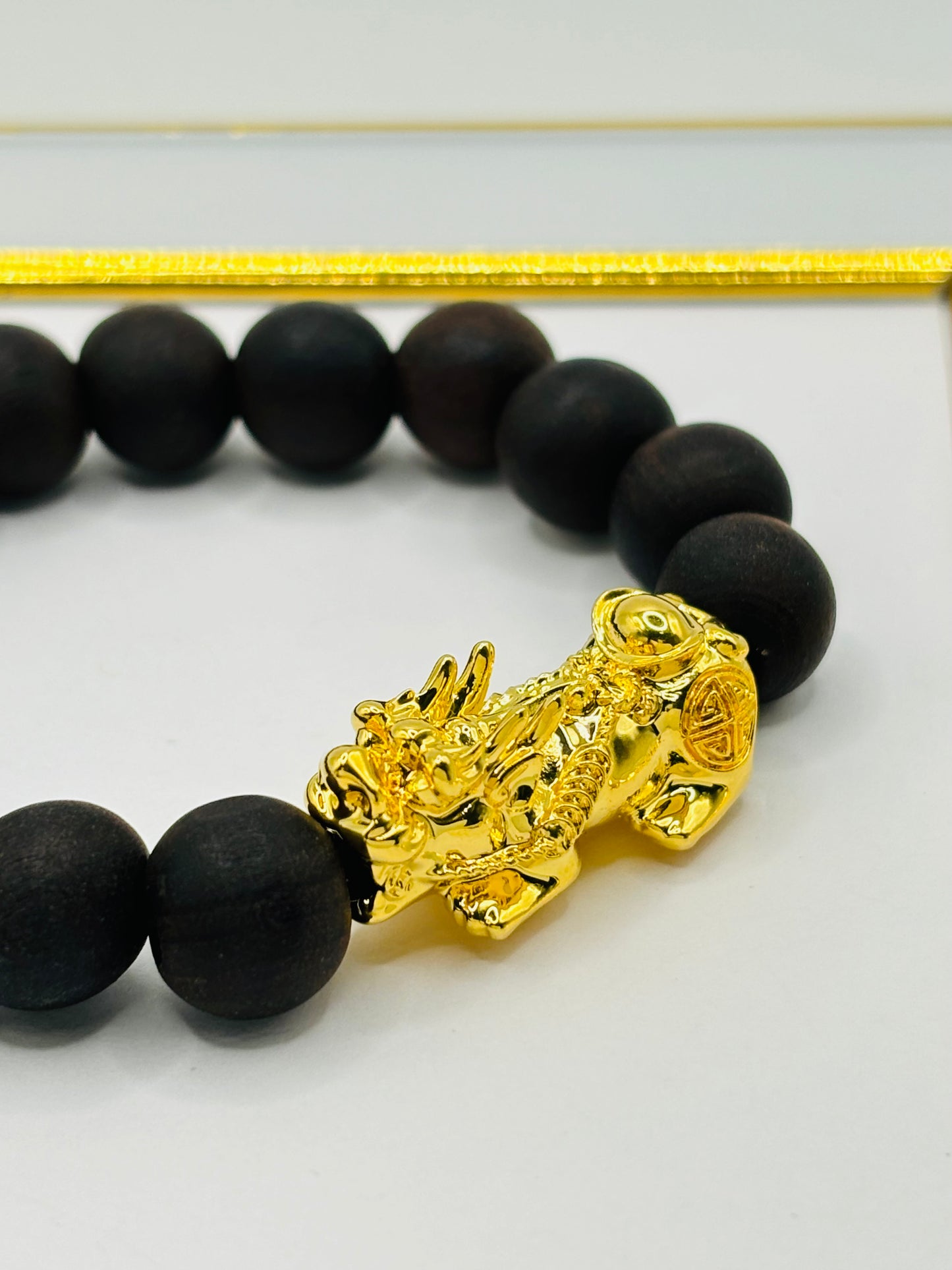 18K Gold Lucky Piyao/ Pi Xiu Bracelet Dark Wood with Lucky Coin ( Hollow Empty Inside) XXL