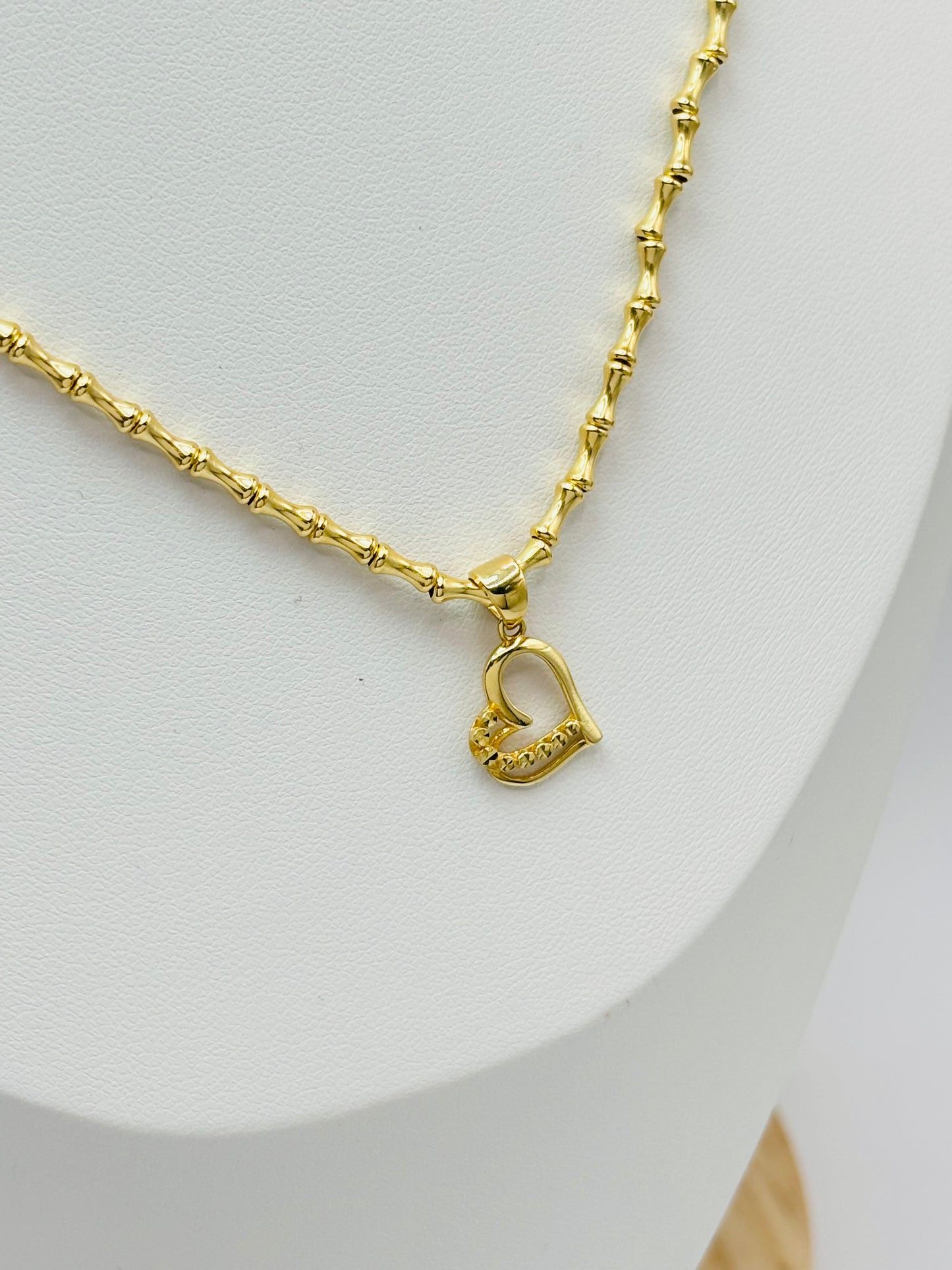 18K Gold Bamboo with Heart Pendant Necklace Set
