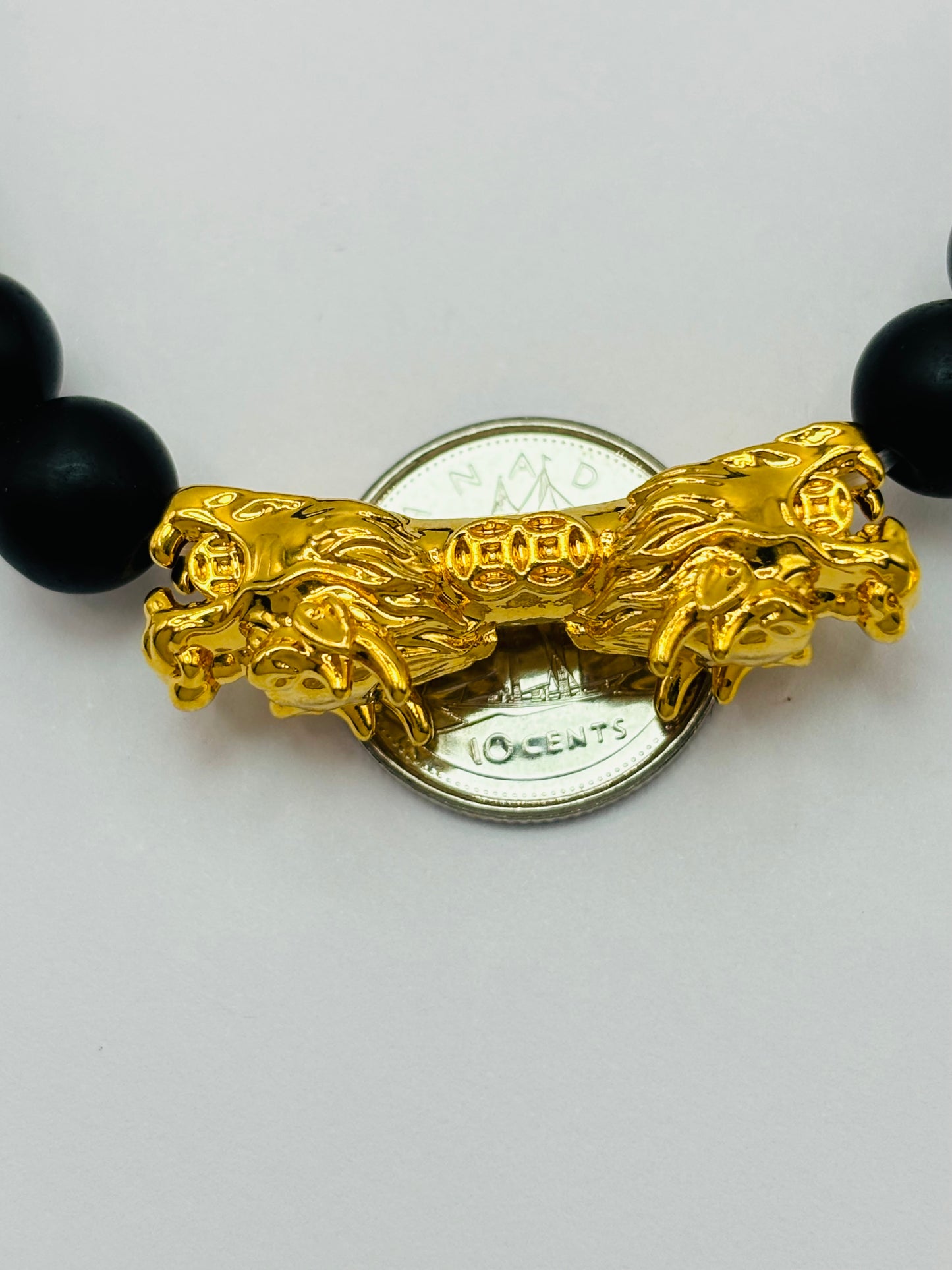 18K Gold Lucky Dragon Bracelet Lava, Black Obsidian Stone ( Hollow Empty Inside) XXL