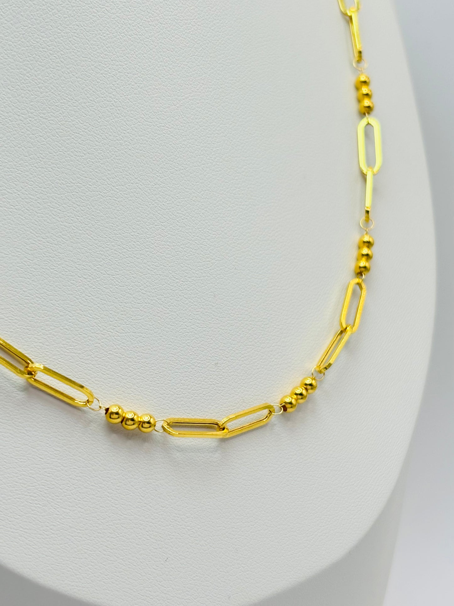 18K Gold Paperclip and Ball Necklace