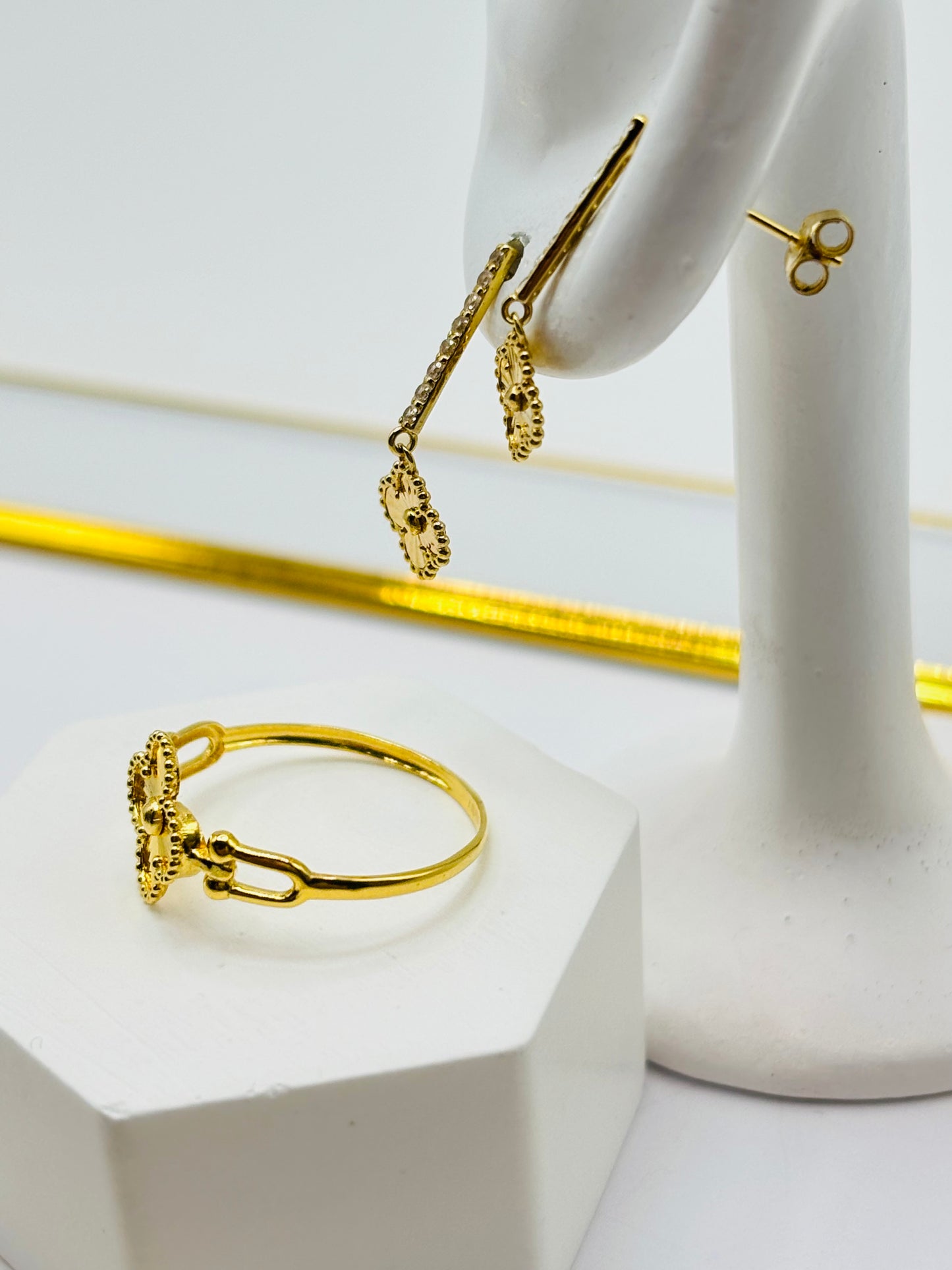 18K Gold Clover Dangling Earrings and Ring Set