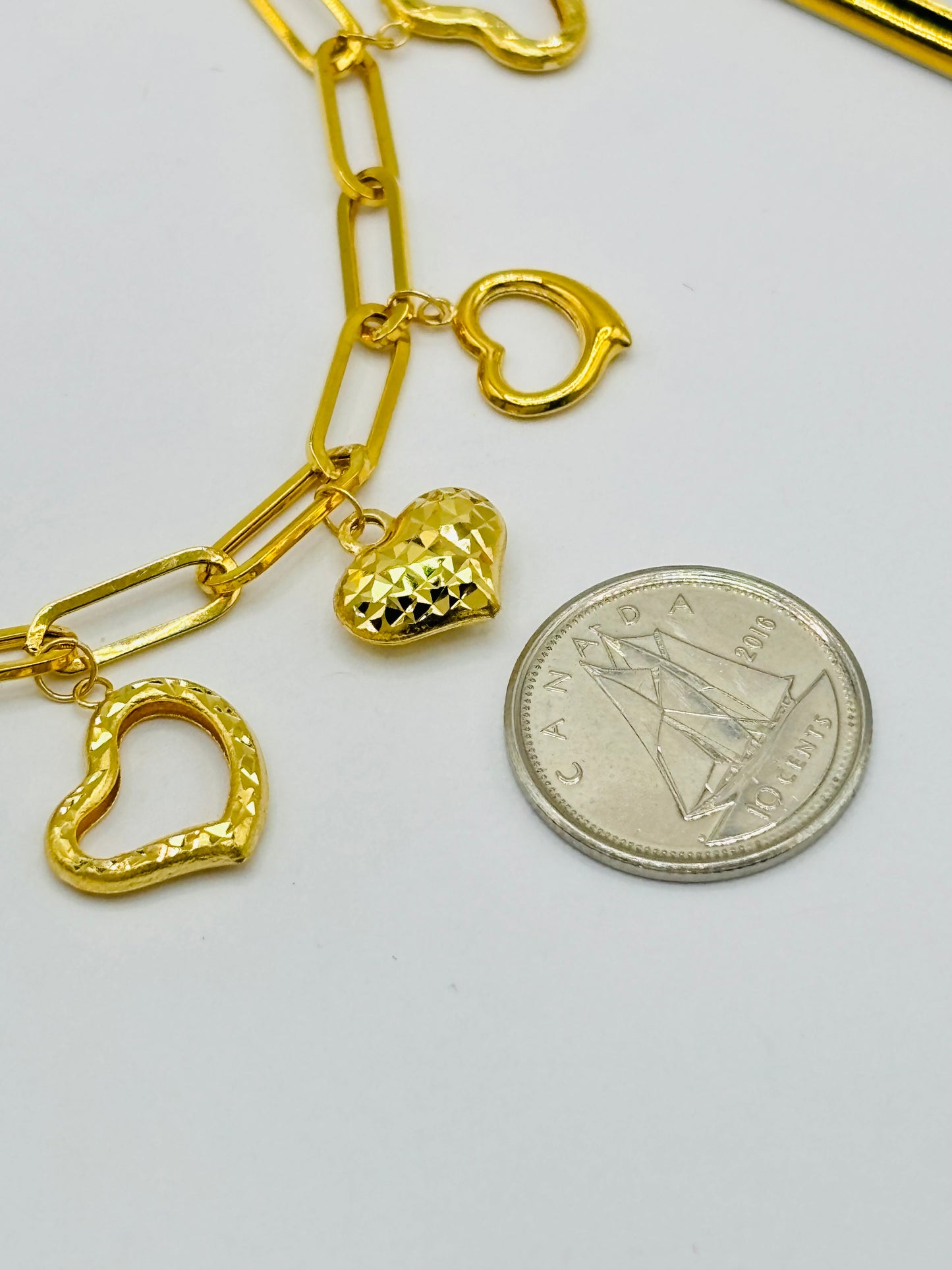 18K Gold Paperclip Bracelet with Hearts Charm
