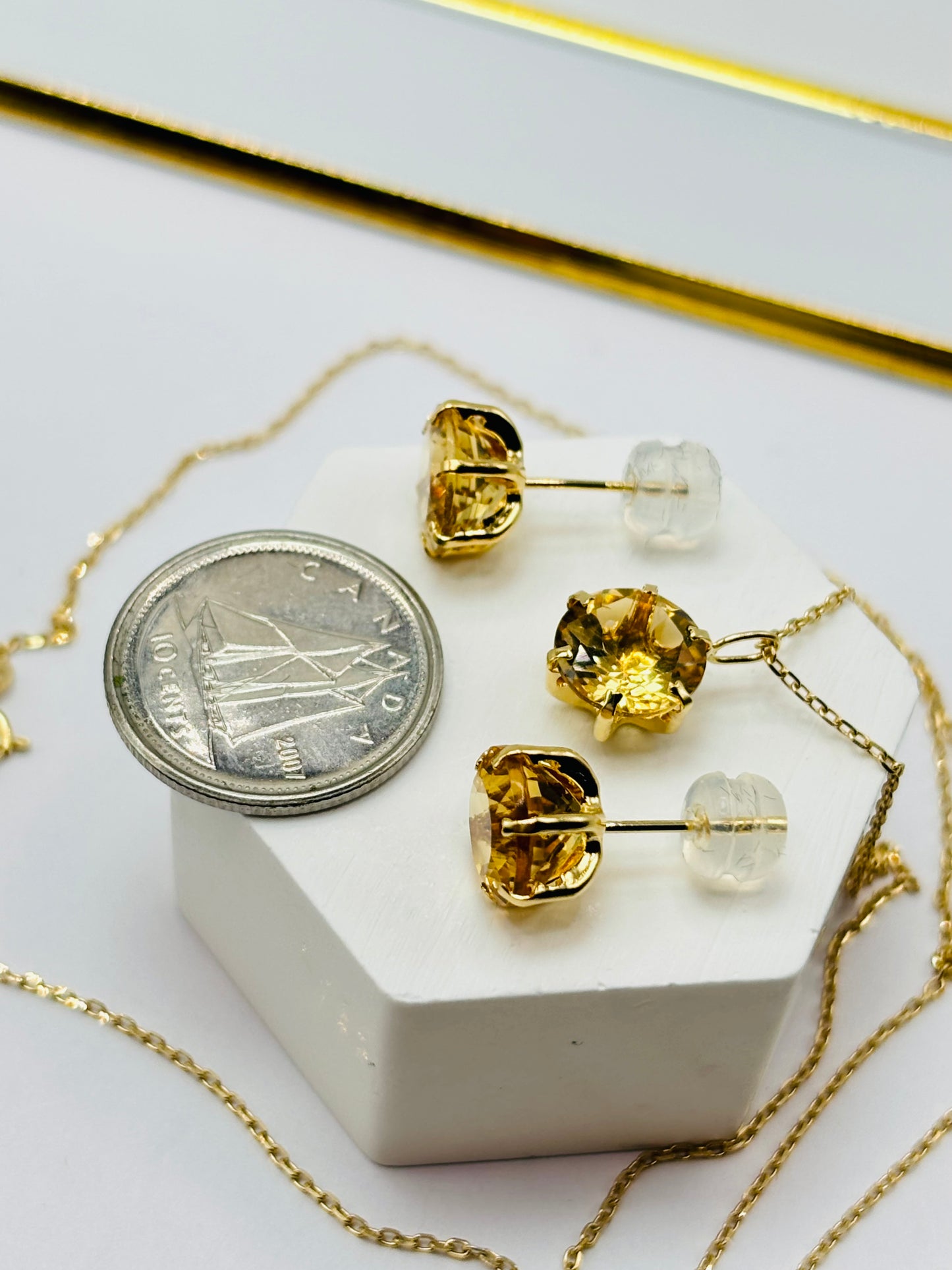 18K Gold Necklace with Natural Citrine Pendant and Earrings Set