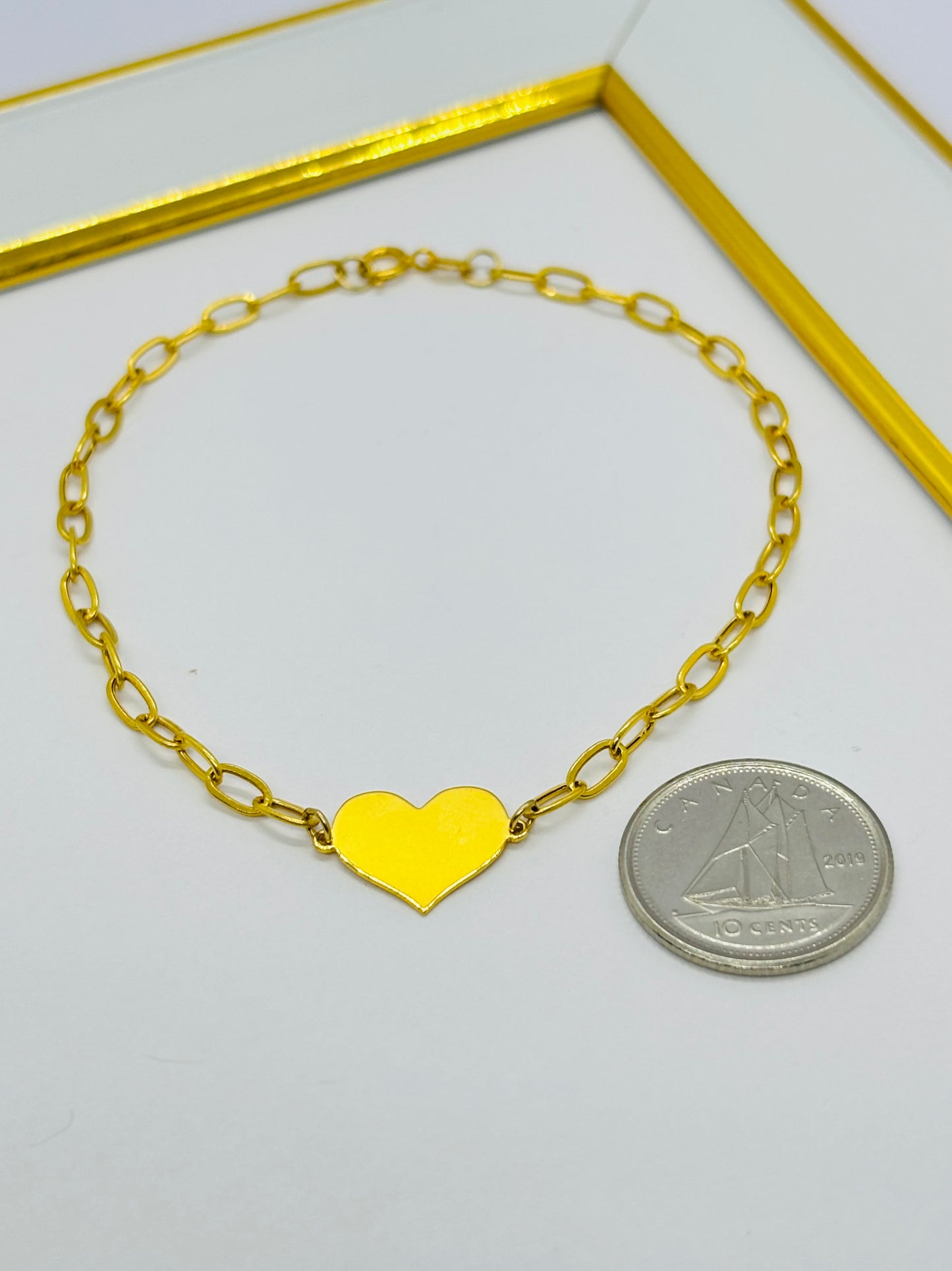 18K Gold Paperclip with Attached Heart Bracelet