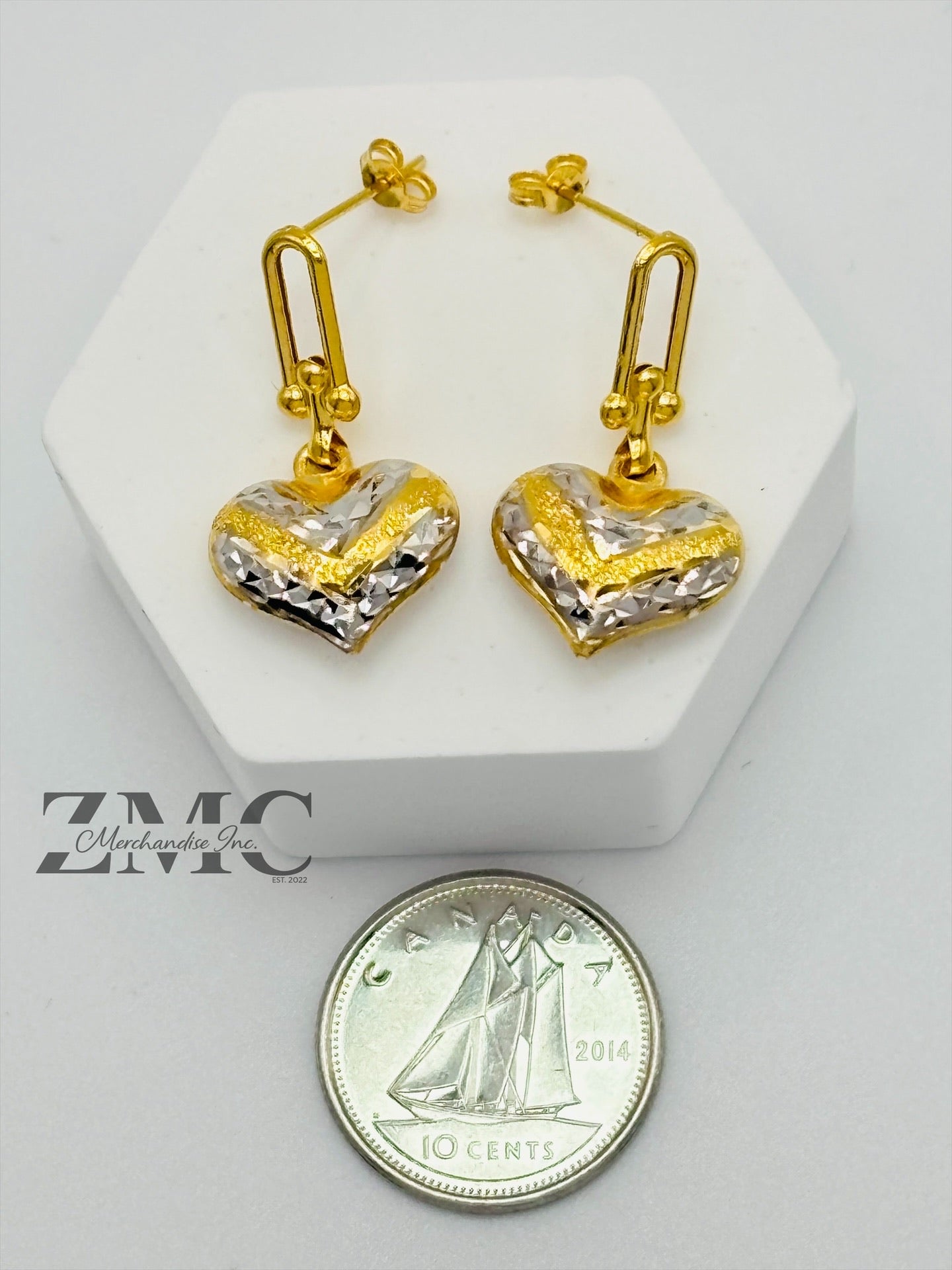 18K Gold Heart Dangling Two-tone Earrings
