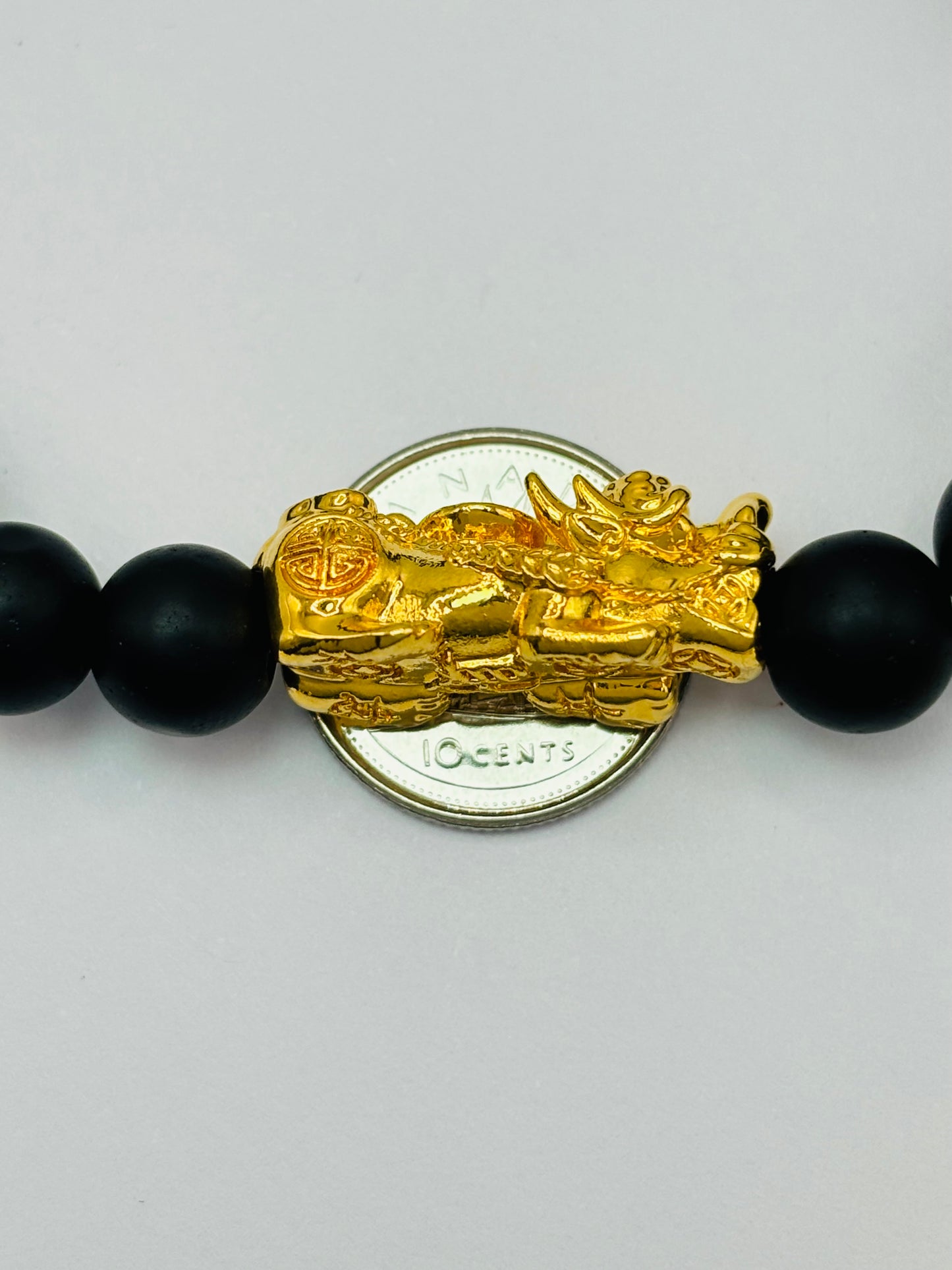 18K Gold Lucky Piyao/ Pi Xiu Square Lava and Black Agate Stone ( Hollow Empty Inside) Extra Large Size