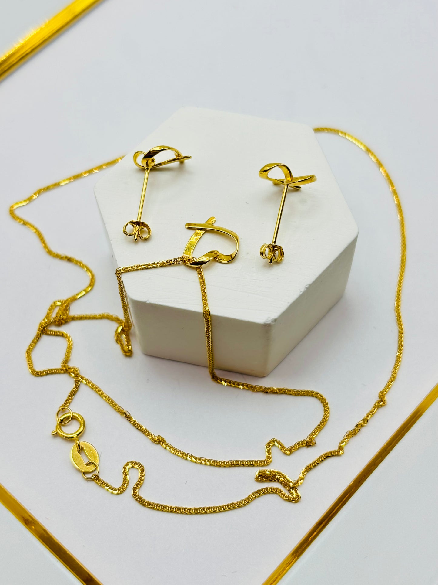 18K Gold Foxtail Chain Necklace with Heart Pendant and Earrings Set