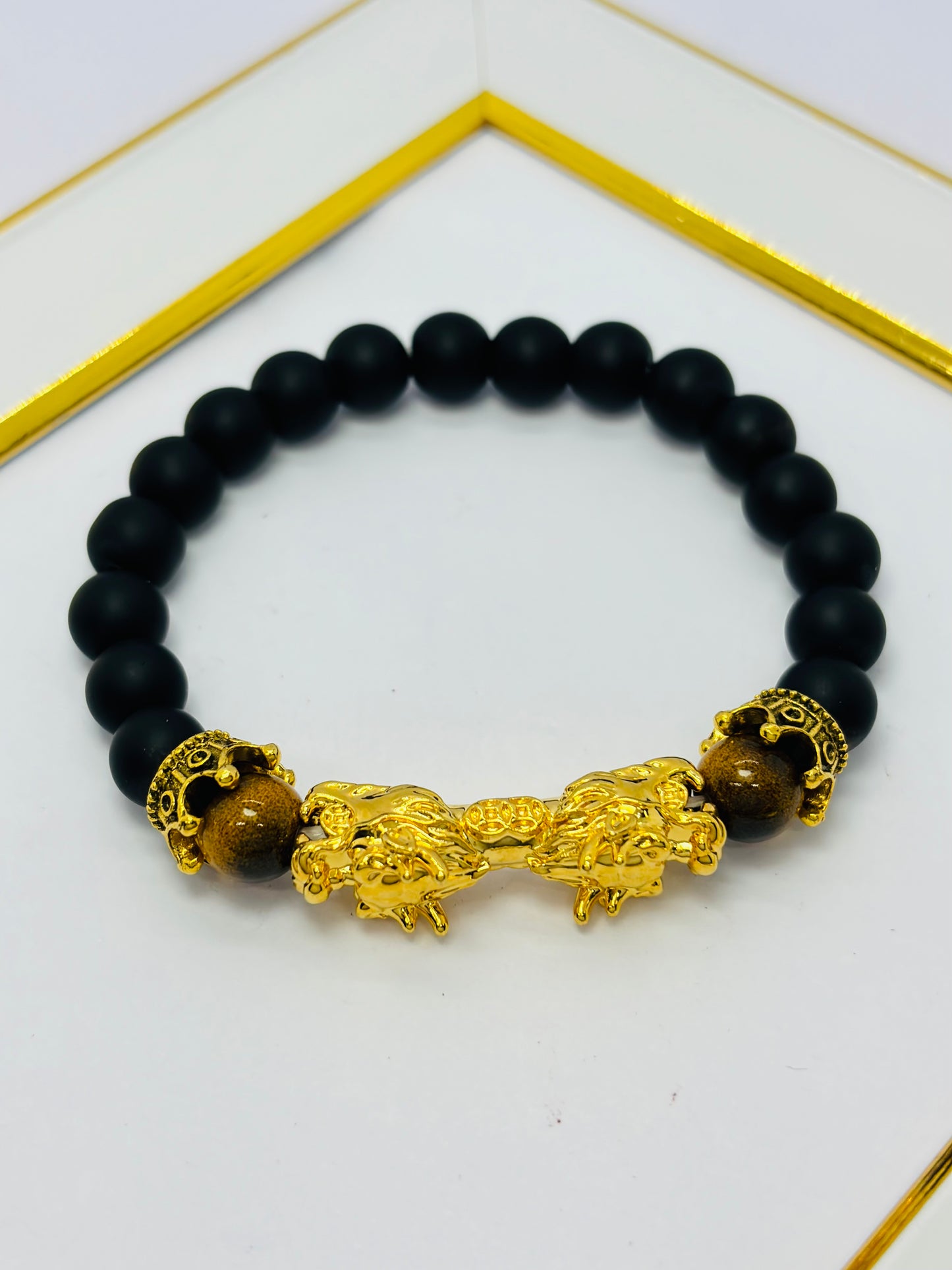 18K Gold Lucky Dragon Bracelet Tiger Eye, Black Obsidian Stone ( Hollow Empty Inside) XXL
