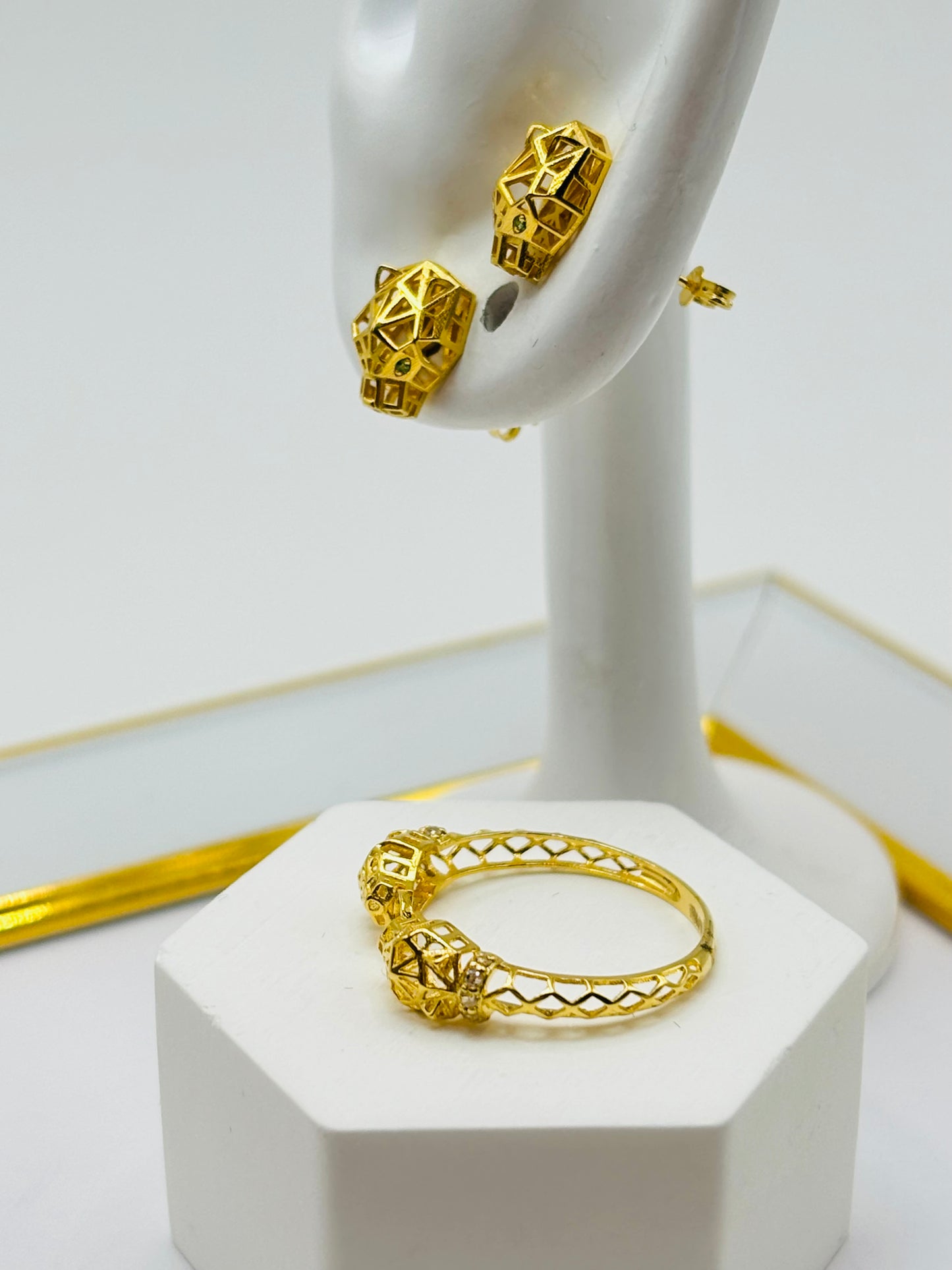 18K Gold Panther Earrings and Ring Set