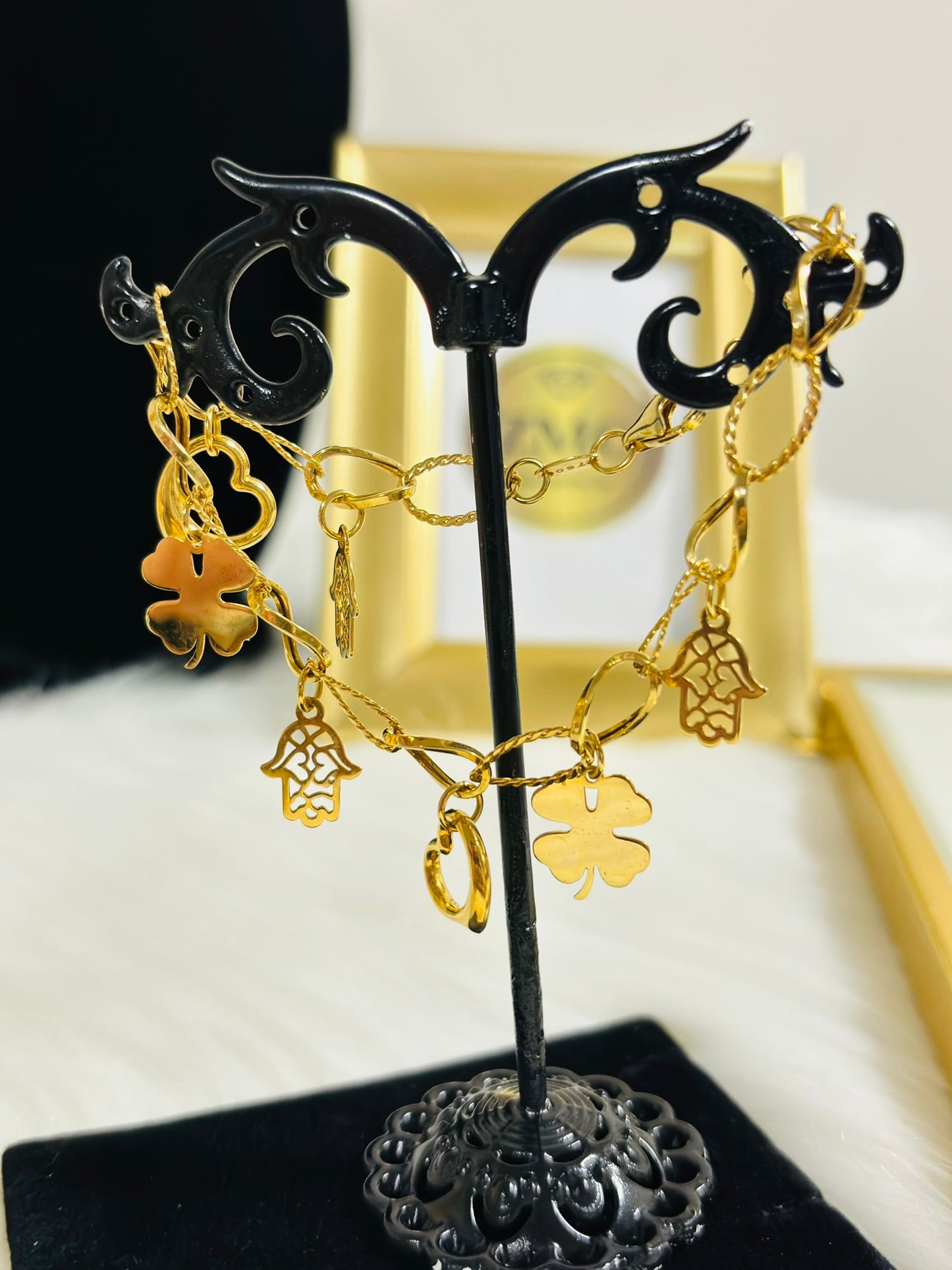 18K Gold with Hamsa, Clover and, Heart Charm Bracelet