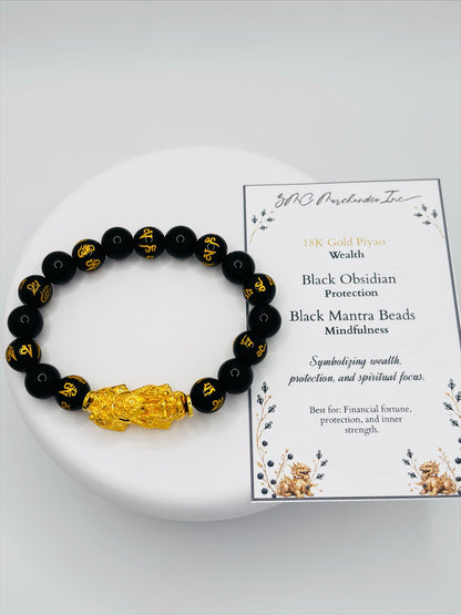 18K Gold Lucky Piyao/ Pi Xiu Black Mantra Bracelet( Hollow Empty Inside) XXL PIYAO