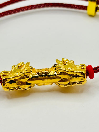 18K Gold  Lucky Dragon Bracelet  ( Hollow Empty Inside) Red Rope XXL