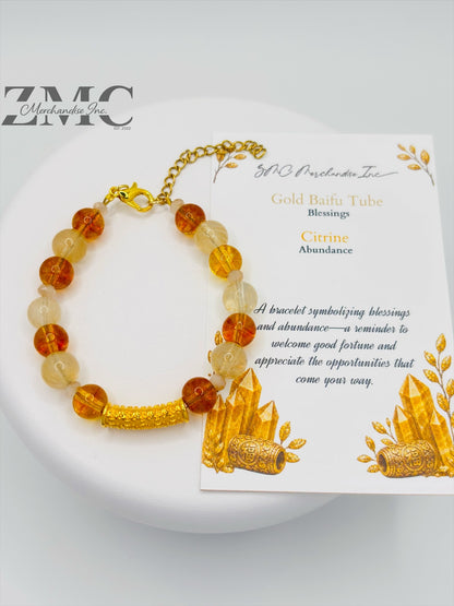 18K Gold  Lucky Baifu Tube Citrine Bracelet  ( Hollow Empty Inside)