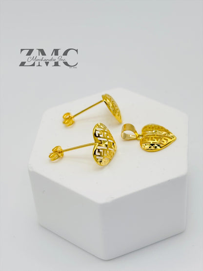 18K Gold Heart Earrings and Pendant Set