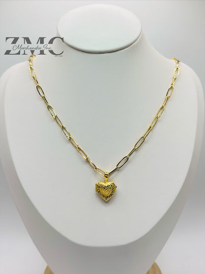 18K Gold Paperclip Heart Locket Necklace