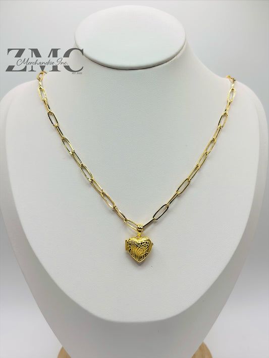 18K Gold Paperclip Heart Locket Necklace