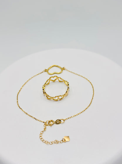 18K Gold Open Heart Ring and Bracelet Set