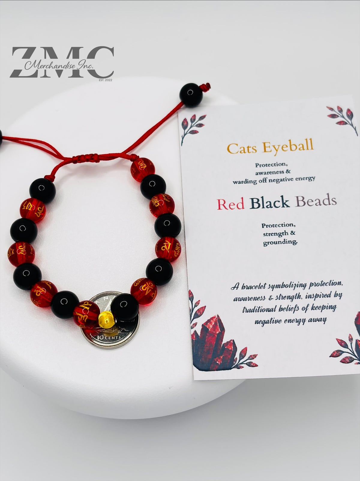 18K Gold Cats Eye Ball Baby/Kids Red Chinese & Black Stone Bracelet
