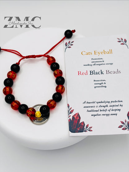18K Gold Cats Eye Ball Baby/Kids Red Chinese & Black Stone Bracelet