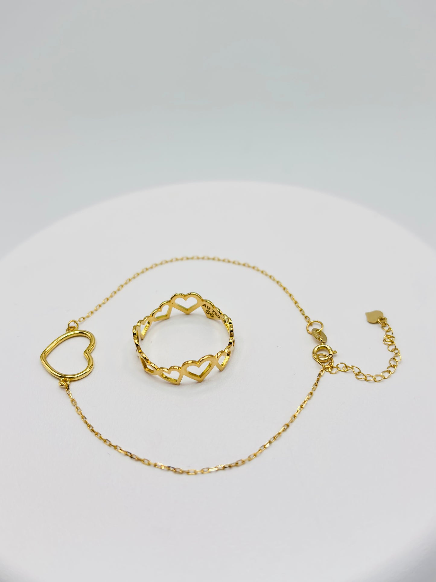 18K Gold Open Heart Ring and Bracelet Set