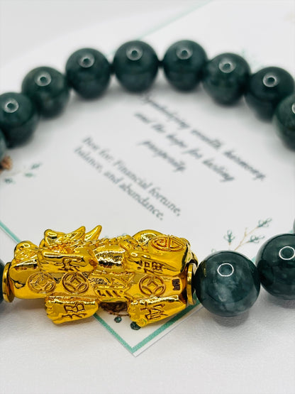 18K Gold Lucky Piyao/ Pi Xiu Green Jade Bracelet( Hollow Empty Inside) XXL PIYAO