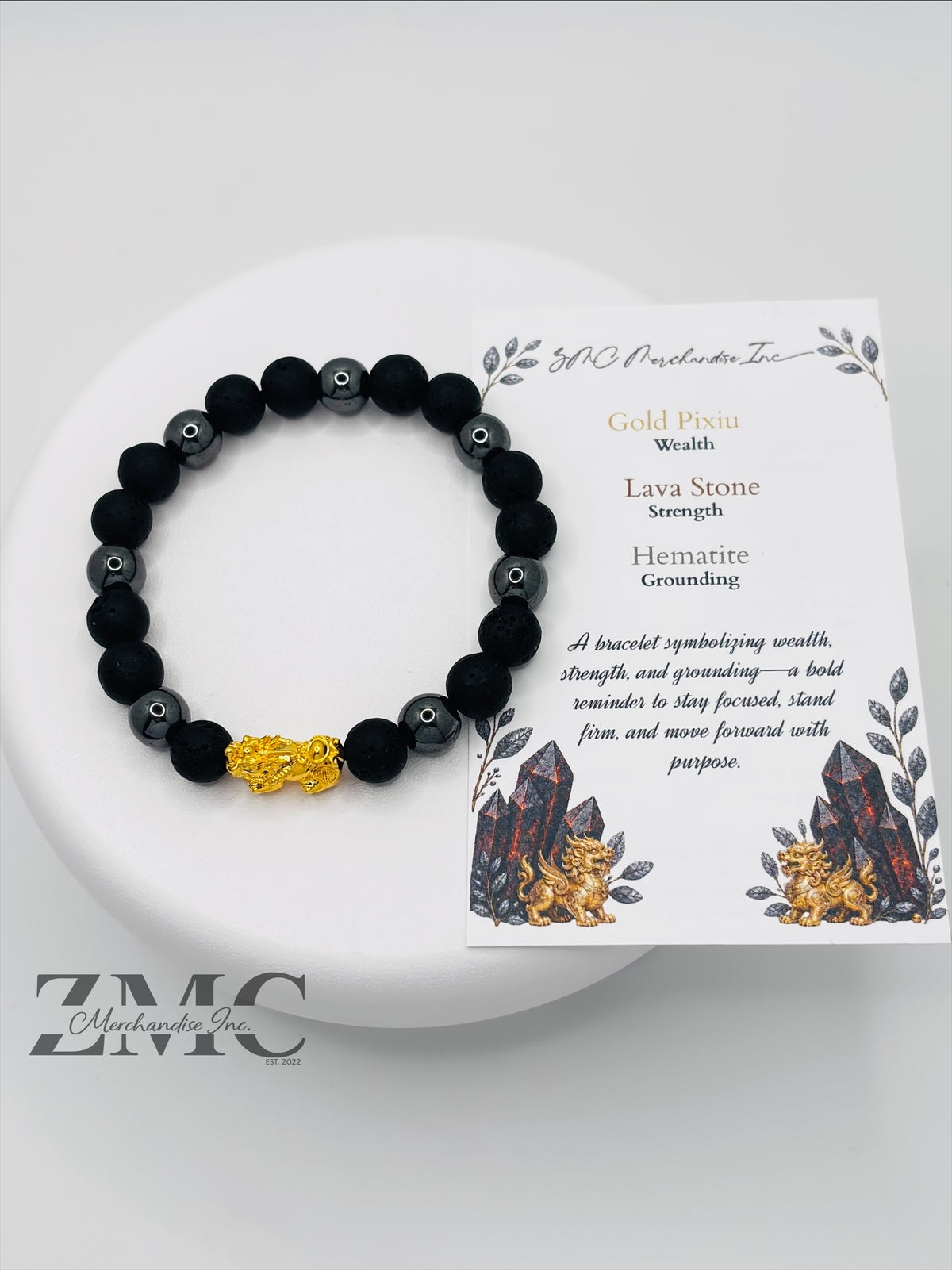 18K Gold Lucky Piyao/ Pi Xiu Blue Lava, Hematite Bracelet ( Hollow Empty Inside) Medium