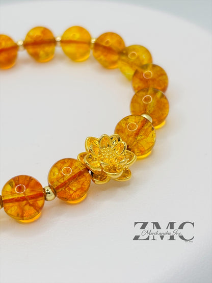 18K Gold Lucky Lotus Flower Bracelet Citrine Stone ( Hollow Empty Inside)