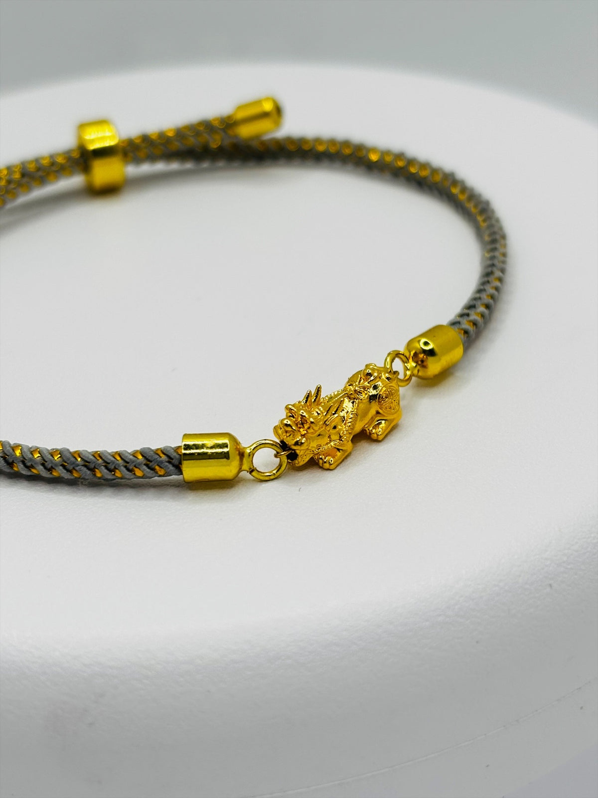 18K Gold Lucky Piyao/ Pi Xiu Gold/Gray String Bracelet ( Hollow Empty Inside) Small