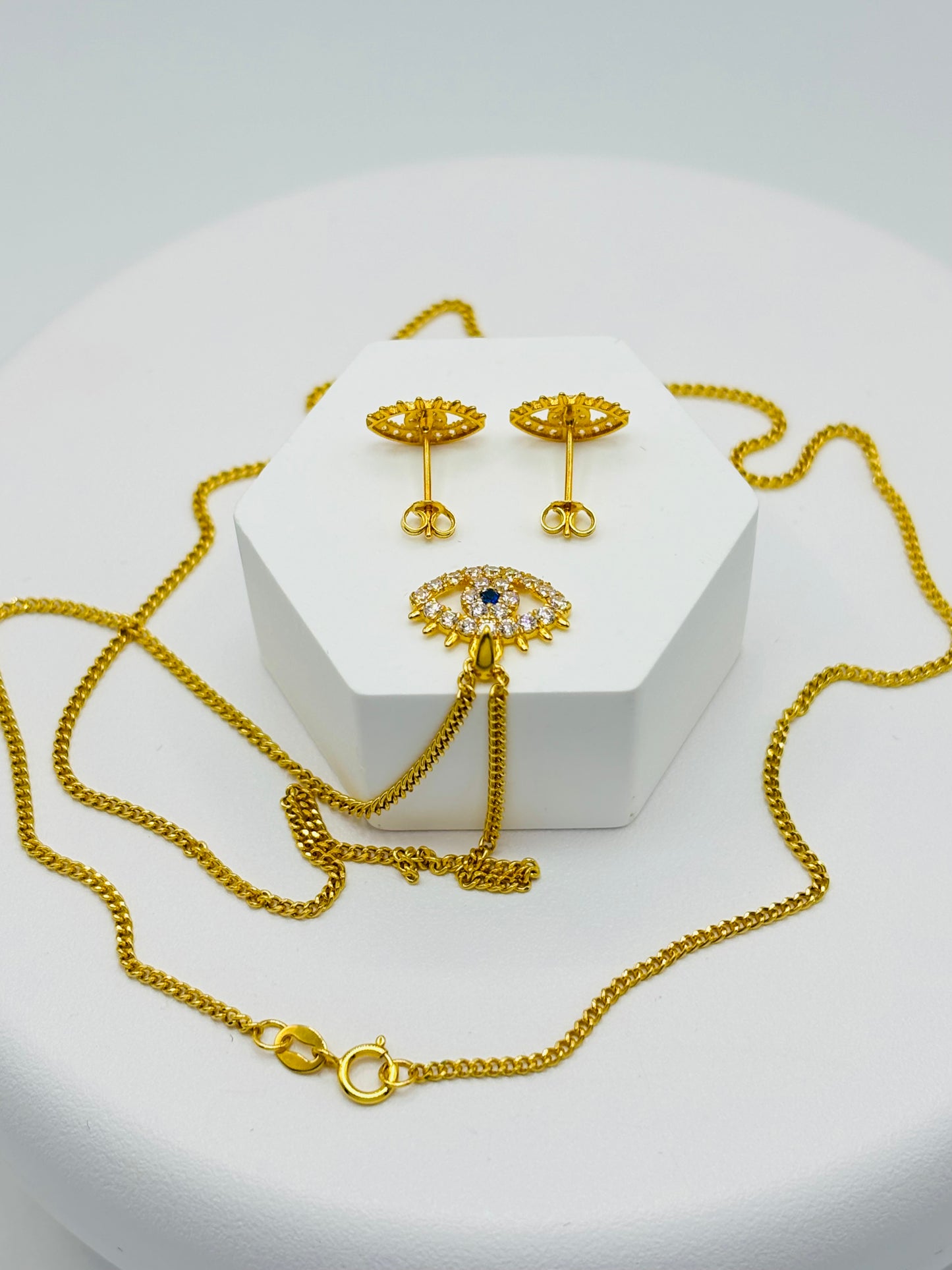 18K Gold Evil Eye Earrings and Necklace Set