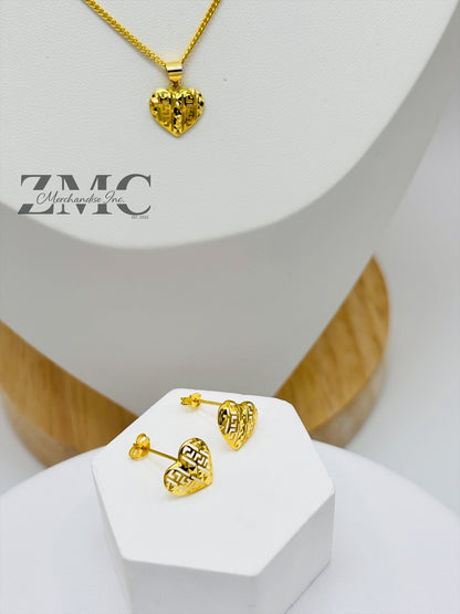 18K Gold Heart Earrings and Necklace Set