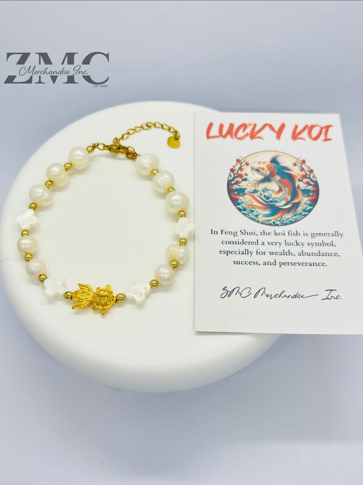 18K Gold Lucky Koi Fish Bracelet Fresh Water Pearl Stone ( Hollow Empty Inside)