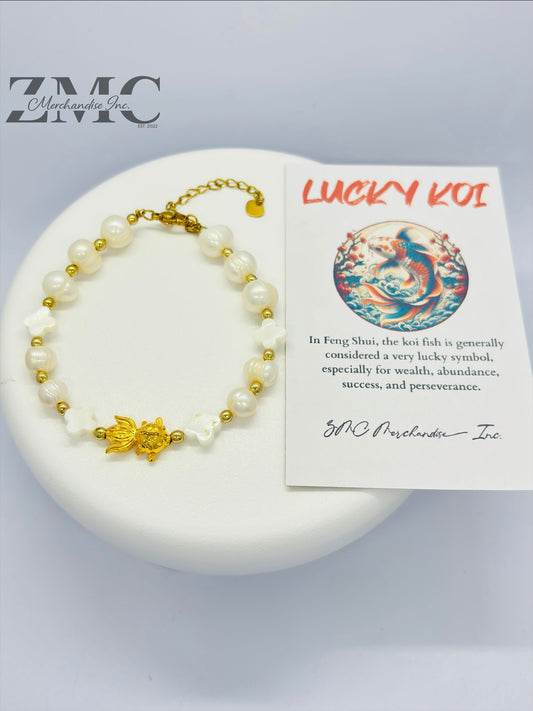 18K Gold Lucky Koi Fish Bracelet Fresh Water Pearl Stone ( Hollow Empty Inside)