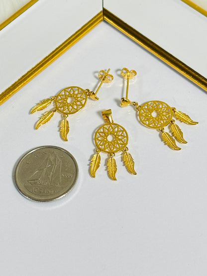 18K Gold dream Catcher Earrings and Pendant Set