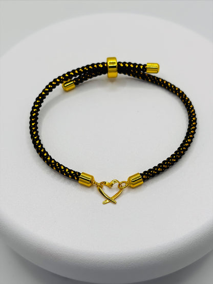 18K Gold Open Heart Small Gold/Black String Bracelet