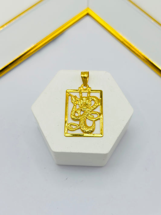 18K Gold Square Dragon Pendant