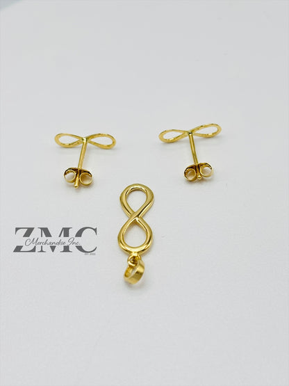 18K Gold Infinity Earrings and Pendant Set