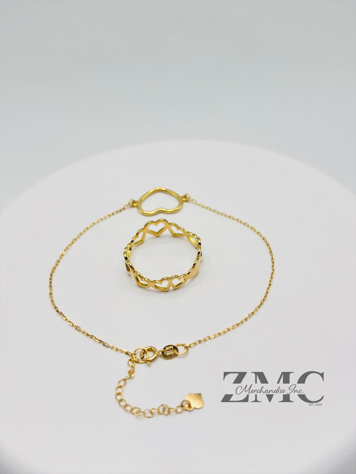 18K Gold Open Heart Ring and Bracelet Set