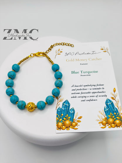 18K Gold  Lucky Money Catcher Ball Blue Turquoise Bracelet  ( Hollow Empty Inside)