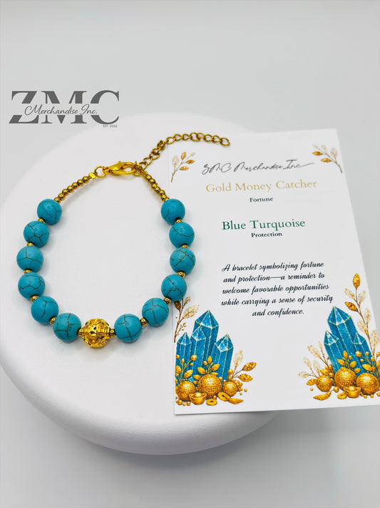 18K Gold  Lucky Money Ball Blue Turquoise Bracelet  ( Hollow Empty Inside)