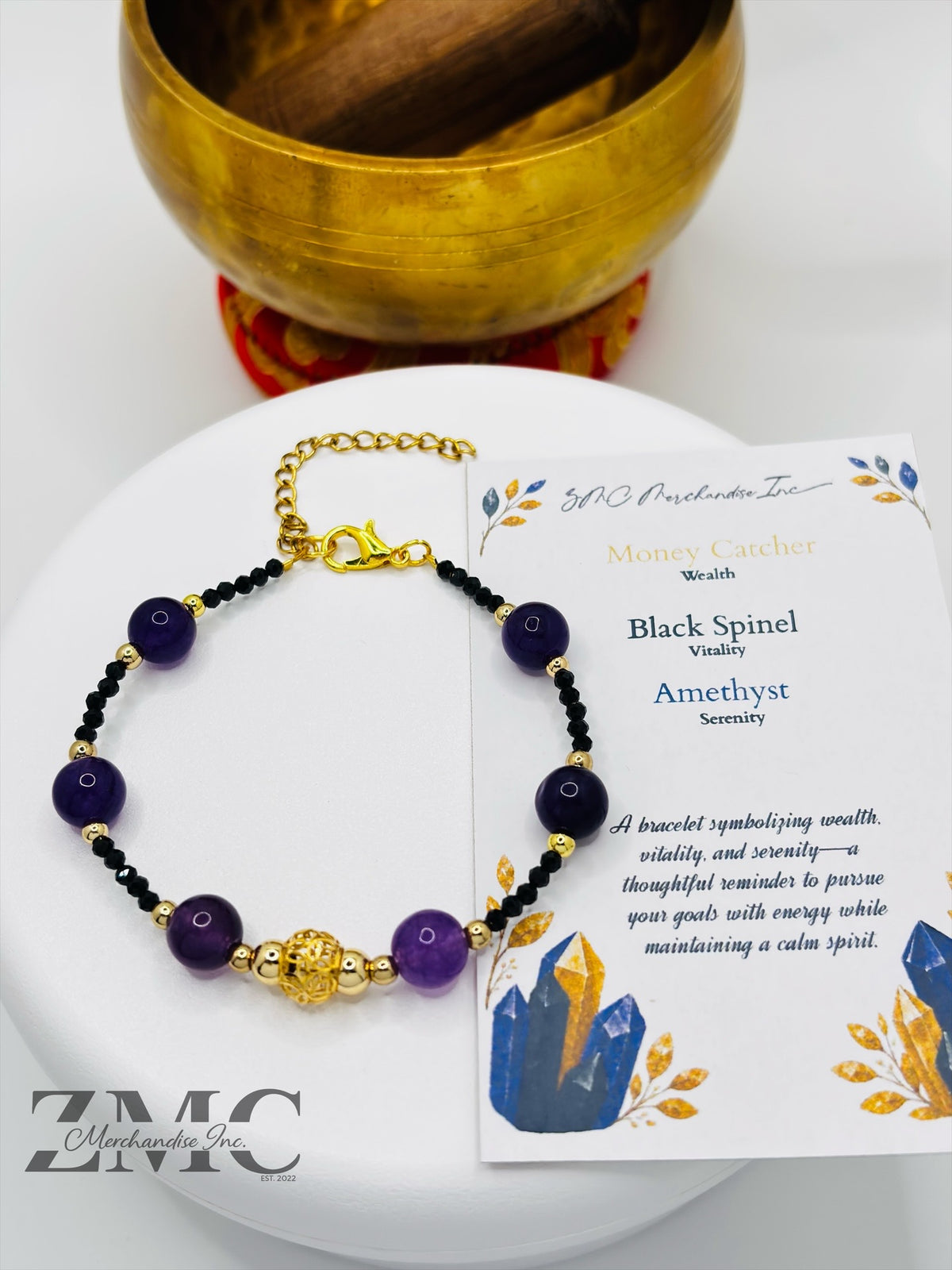 18K Gold  Lucky Money Catcher Ball Amethyst Black Spinel Stone  ( Hollow Empty Inside)