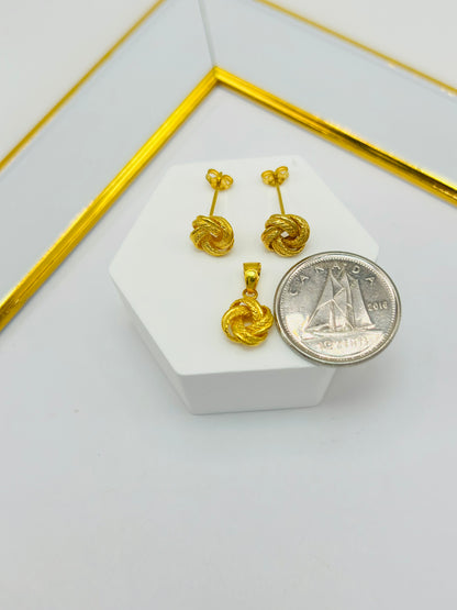 18K Gold Knot Earrings and Pendant Set