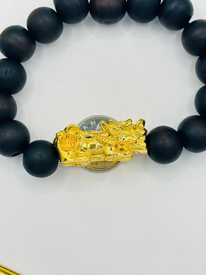 18K Gold  Lucky Piyao/ Pi Xiu Bracelet Dark Wood with Lucky Coin ( Hollow Empty Inside) XXL