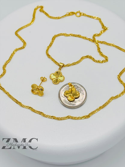 18K Gold Clover Earrings and Necklace Set