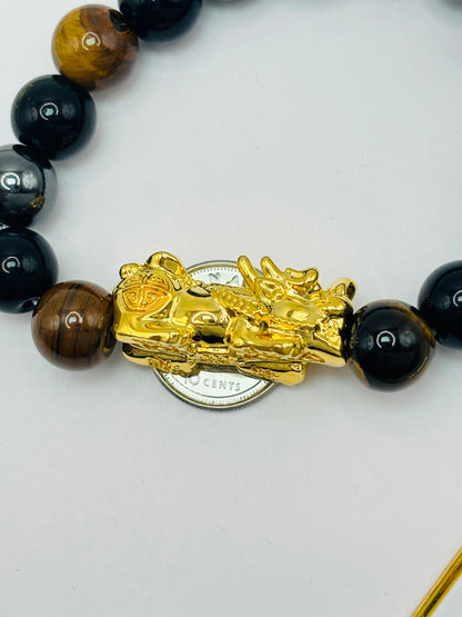 18K Gold  Lucky Piyao/ Pi Xiu Bracelet Tiger Eye ( Hollow Empty Inside) XXL