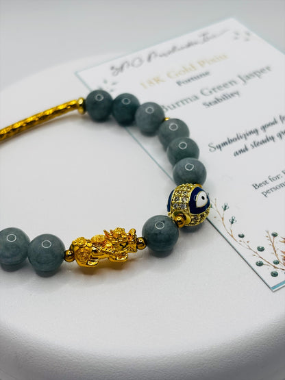 18K Gold Lucky Piyao/ Pi Xiu Burma Green Jasper Evil Eye Bracelet ( Hollow Empty Inside) Medium