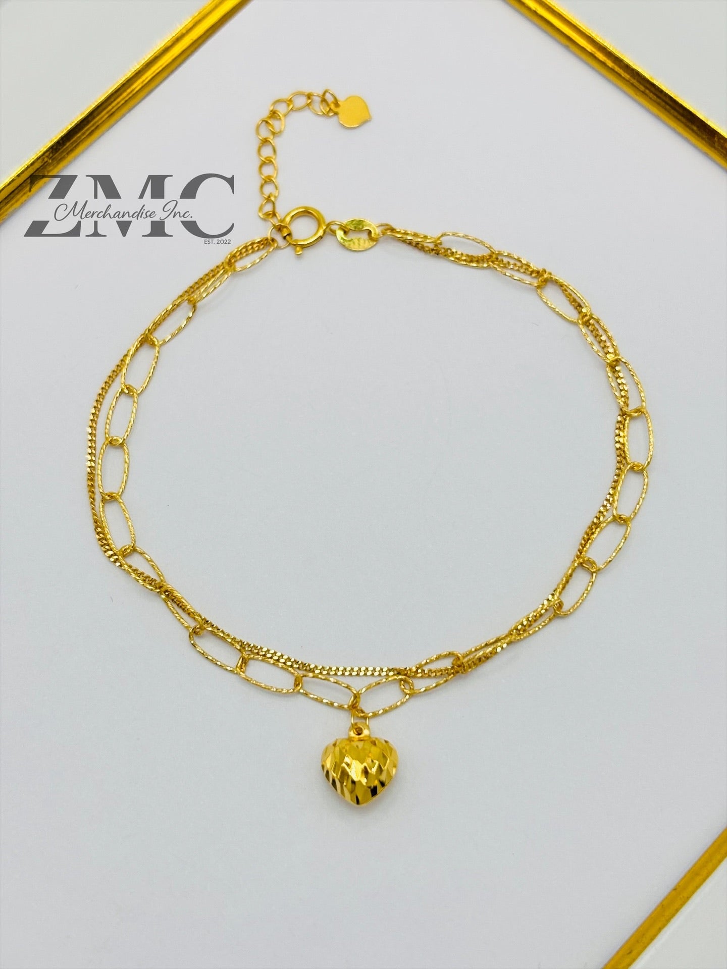 18K Gold Paperclip Double with Heart Charm Bracelet