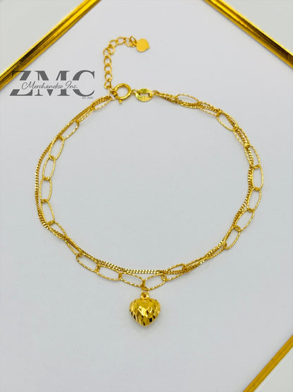 18K Gold Paperclip Double with Heart Charm Bracelet